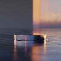 A silver object sitting on a table in front of a window photo