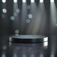 An empty podium on a dark stage with lights photo