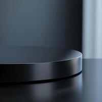 A black circular table on a table with a window photo