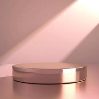 A round metal object on a table in front of a light photo