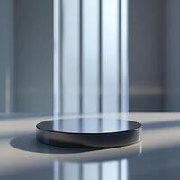 A black and white photo of a round table with a light
