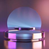 A round metal object on a table with a purple light photo