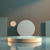 3d render of a white podium with a round object in the middle photo