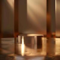 A golden object sitting on a table in front of a wall photo