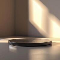A black plate on a table in front of a window photo