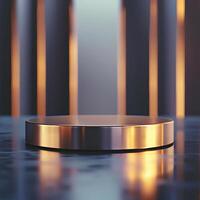 A round metal object on a table in front of a wall photo