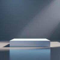 An empty white box sitting on a table in front of a wall photo