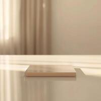 A square object sitting on a table in front of a window photo