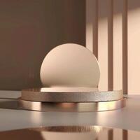 A round mirror on a table with a gold surface photo