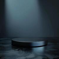 Black round podium on dark background with spotlight photo