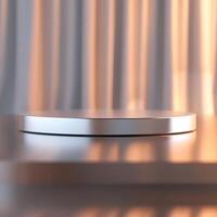 An empty round table on a table with a curtain photo