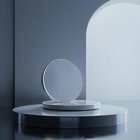 A white circular object on a pedestal in front of a window photo
