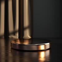 A round object on a table in front of a curtain photo