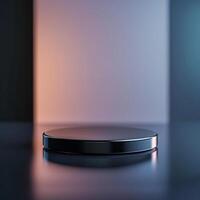 A black object on a table in front of a colorful background photo