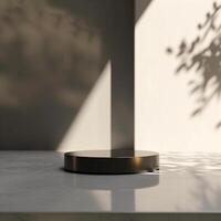 A black object on a table in front of a window photo