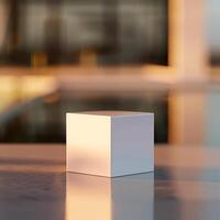 A white cube sitting on a table in front of a pool photo