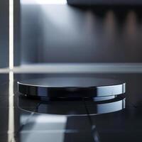 A black circular object on a black floor photo