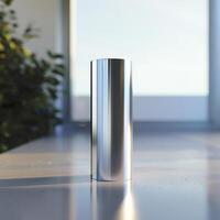A tall cylinder sitting on a table in front of a window photo