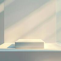 An empty white box sitting on a shelf in front of a window photo
