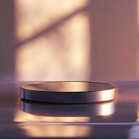 A round metal plate on a table with a window photo