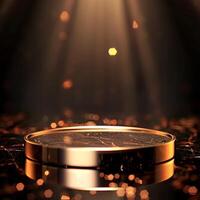 Golden round table with a spotlight on it photo
