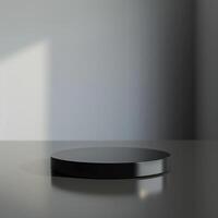 A black circular object on a table in front of a wall photo