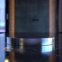 A shiny metal object on a table in a dark room photo