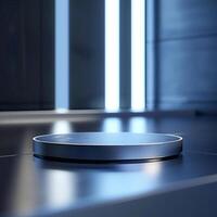 A small round object on a table in a dark room photo