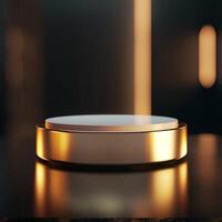 A gold circular object on a table in front of a dark background photo