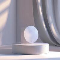 A white round object on a pedestal in front of a window photo