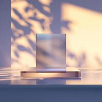 A square glass object on a table in front of a window photo