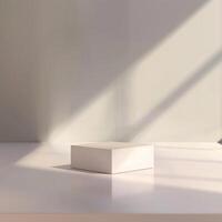 An empty white box sitting on a table in front of a window photo
