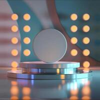 3d rendering of a podium with a round object on top photo