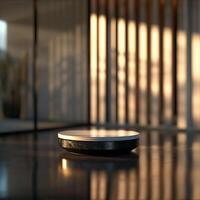 A robot is sitting on a table in front of a window photo