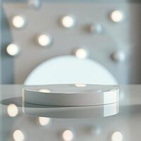 A white round table with lights on it photo