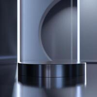 An empty podium in a room with a light photo