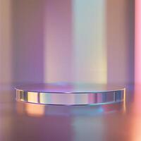 A glass table with a colorful background photo