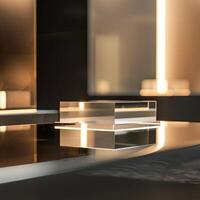 A glass cube sitting on a table in a room photo