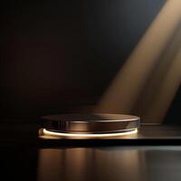 A circular object on a table with a spotlight photo