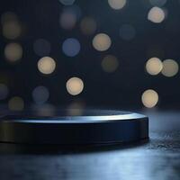 A black object on a table with lights in the background photo