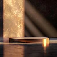 A golden podium in front of a wall with light coming from behind photo
