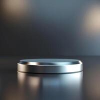 A silver podium on a table with a light photo