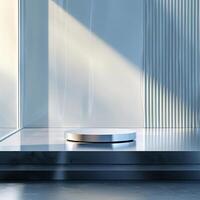 A white table in front of a window with sunlight photo