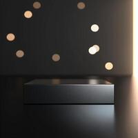 A black box sitting on a table in front of a light photo