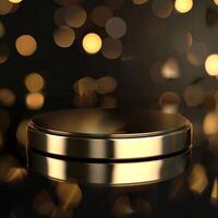 Golden round object on a black background with bokeh lights photo