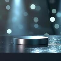 An empty podium on a table in front of a spotlight photo