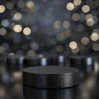 Black round table with shiny black surface and bokeh lights photo