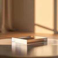 A white square on a table in front of a window photo