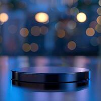 A black round table with a light on it photo