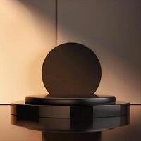 A black round object on a table in front of a wall photo